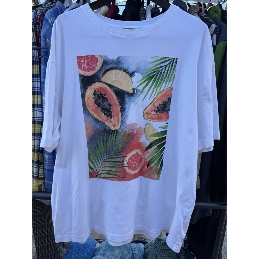 Colorful Tropical T-shirt XL Men's White Short Sleeve Papayas & Palm Tree Leaves - Picture 1 of 4